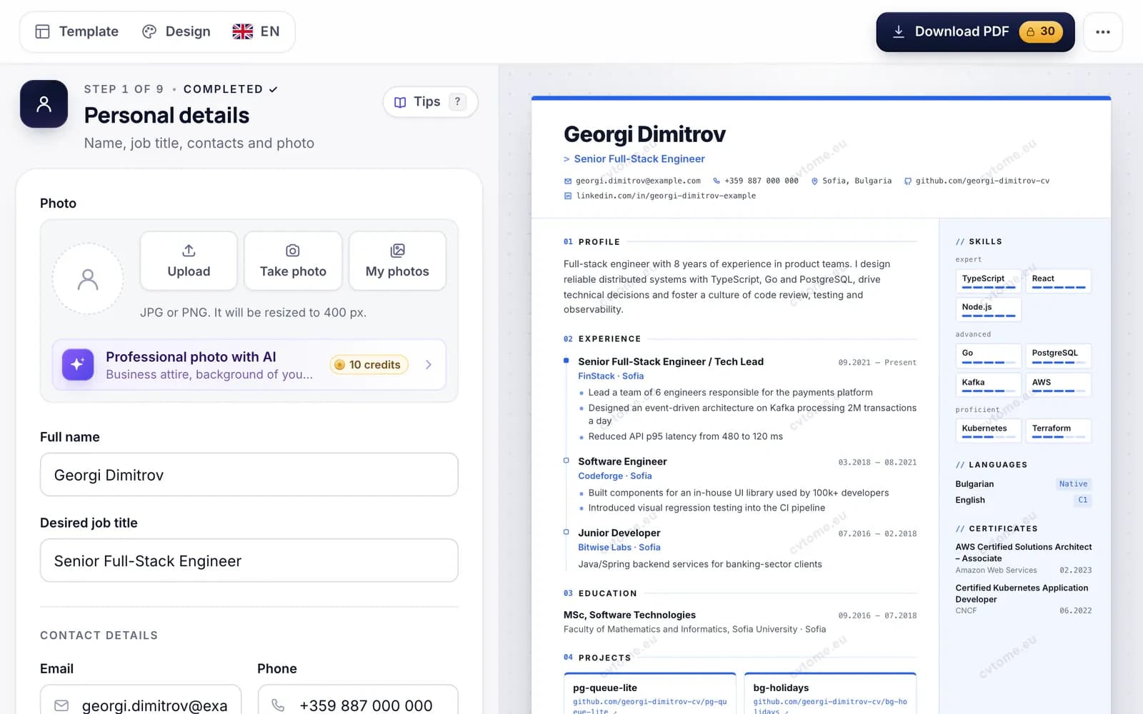 cvtome — CV editor at step 1 of 9, Personal details, beside a live A4 preview of a sample CV and a Download PDF button showing 30 credits