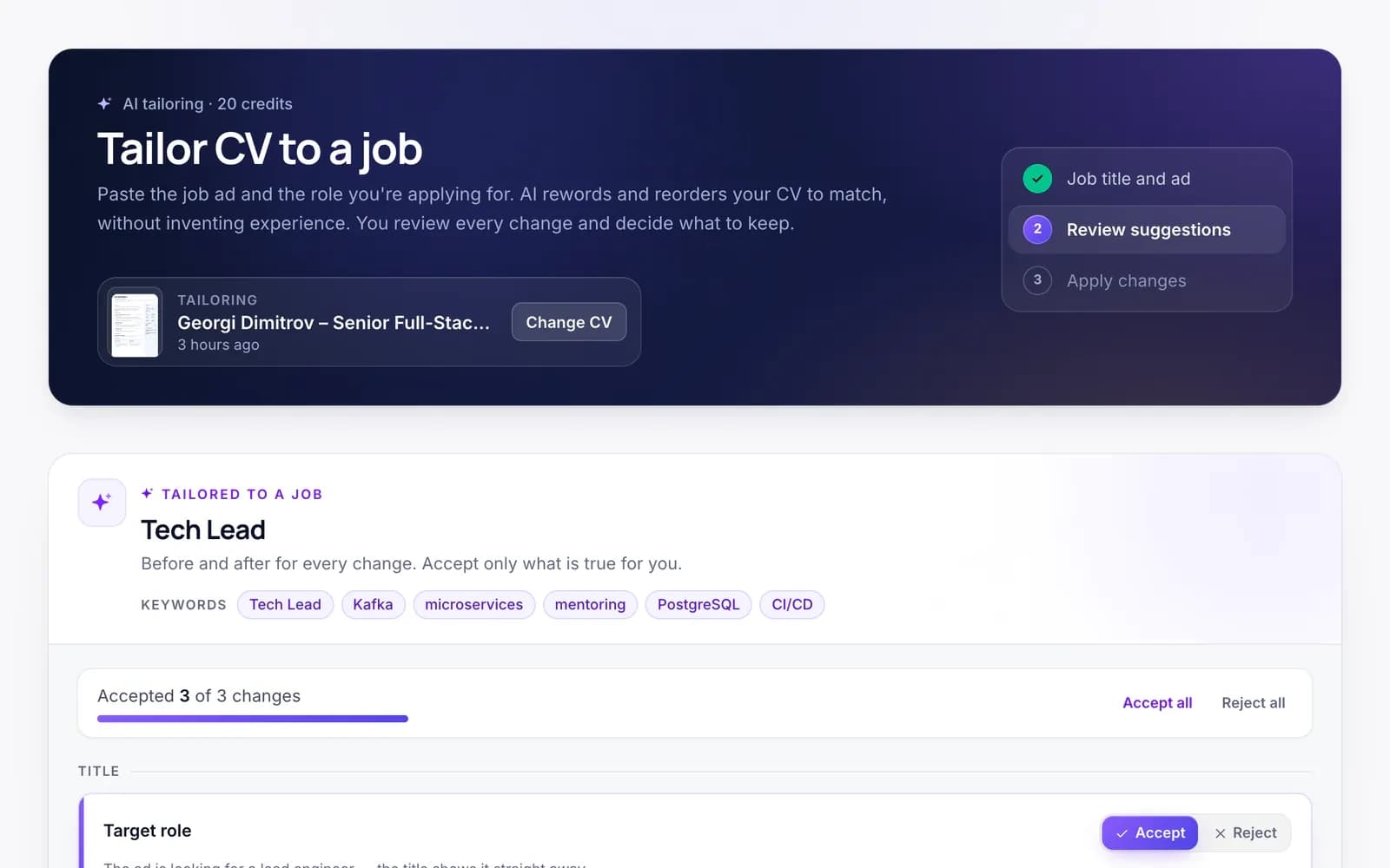 cvtome — tailoring a CV to a job ad: keywords from the posting and a before/after review of each change with Accept and Reject buttons