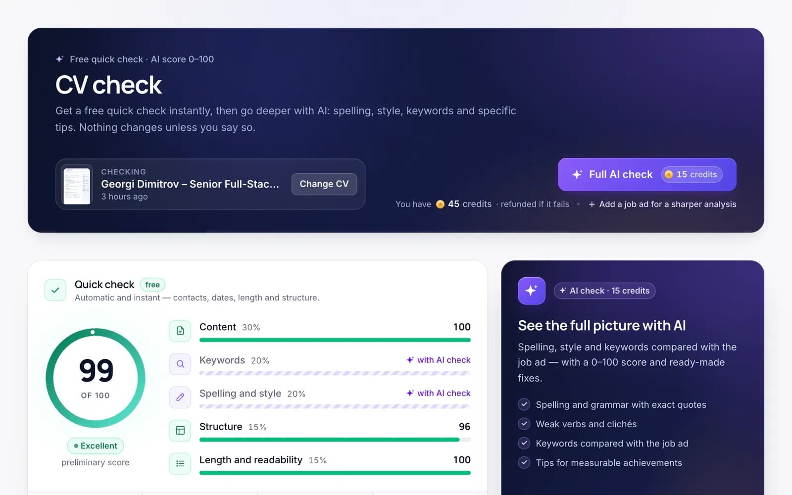 cvtome — CV check: a free quick check scoring 99 out of 100 with a score per criterion, next to the full AI check for 15 credits