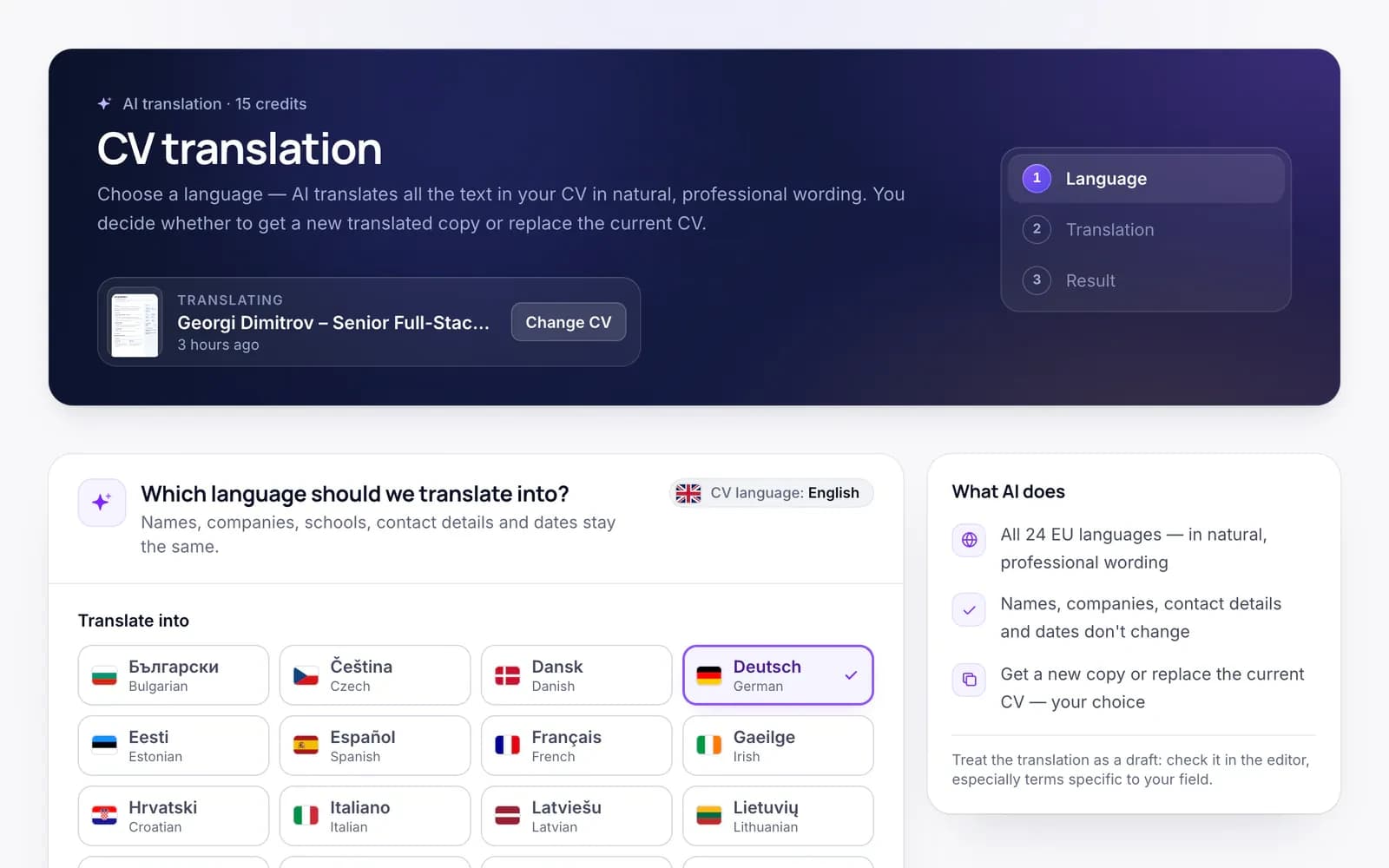 cvtome — CV translation: German selected from the 24 EU languages; names, companies, contact details and dates stay unchanged