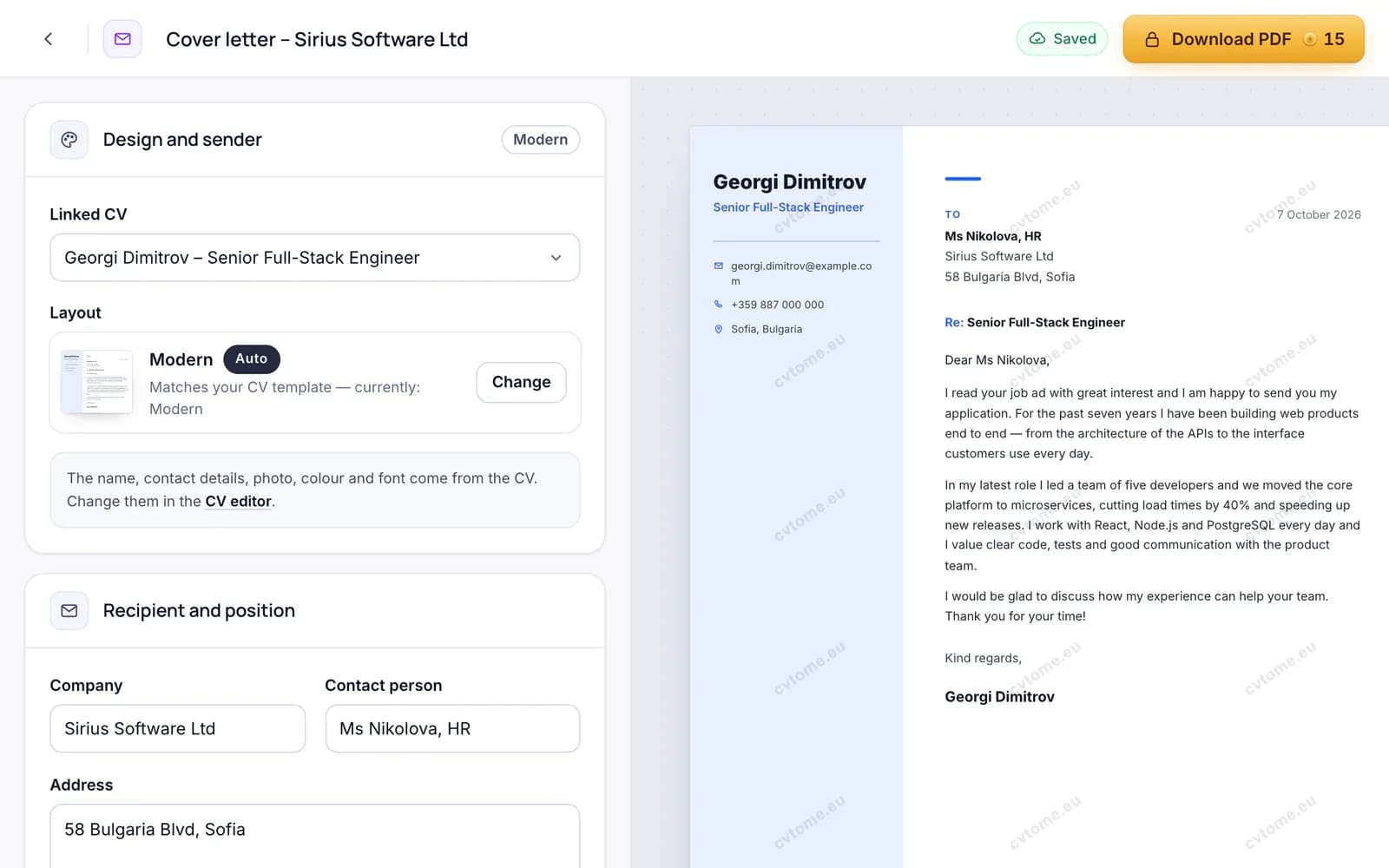 cvtome — cover letter editor with the letter rendered in the same design as the linked CV and a Download PDF button for 15 credits