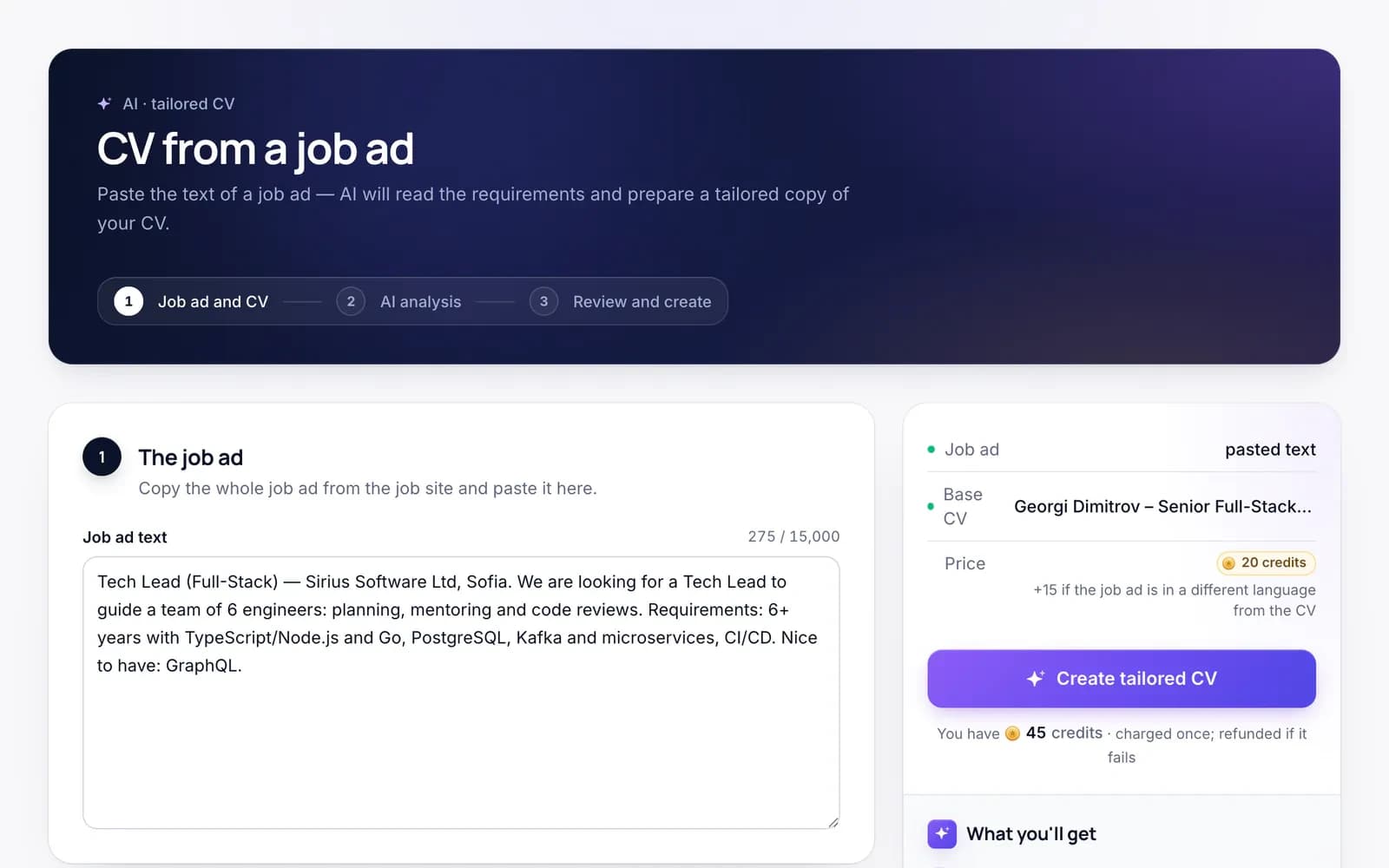 cvtome — CV from a job ad: the pasted job posting on the left, the base CV and the price of 20 credits on the right, and a Create tailored CV button