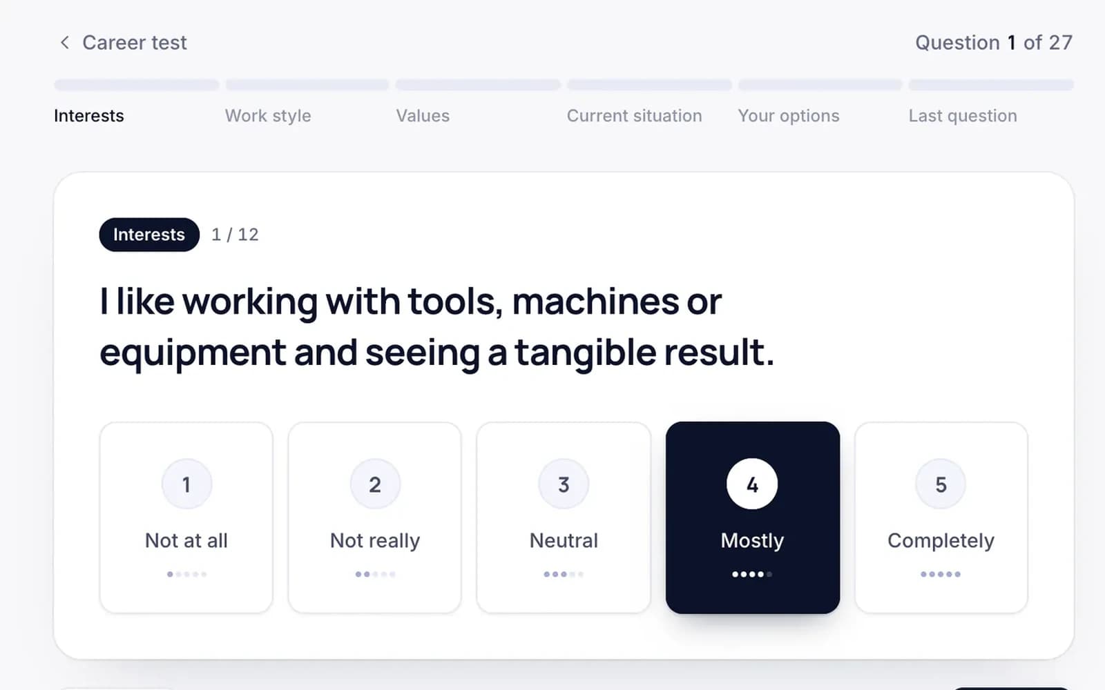 cvtome — career test, first question in the Interests section, with a five-point answer scale from Not at all to Completely