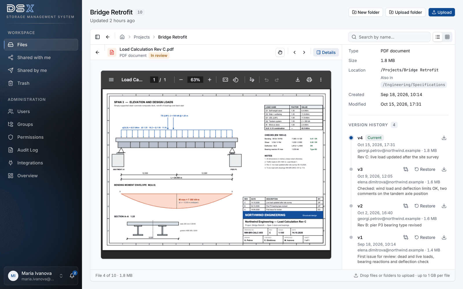 DSX Storage — a PDF load calculation previewed in the browser, with file details and version history from v1 to v4