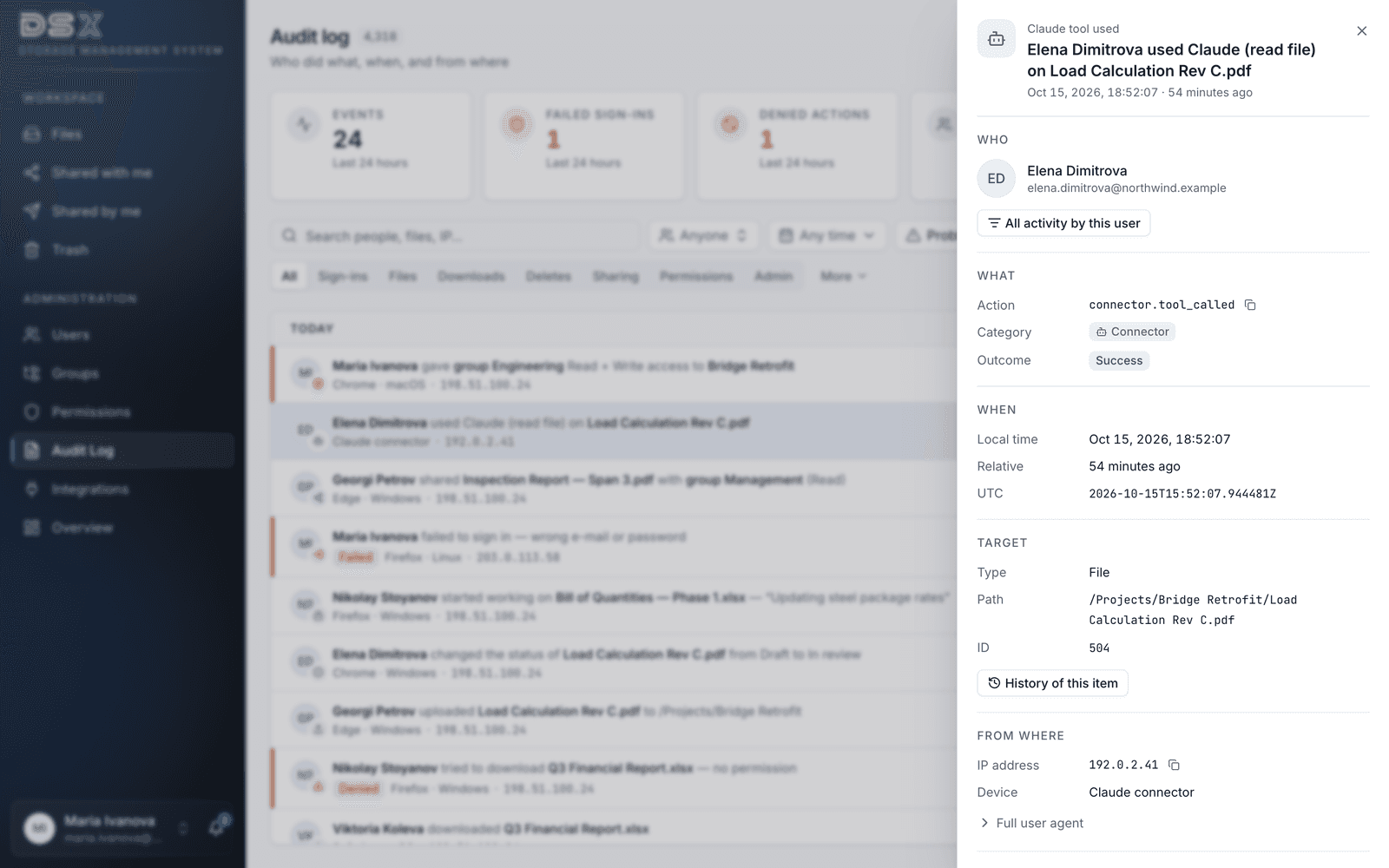 DSX Storage — audit log entry for a document read through the Claude connector, recorded under the user's own name