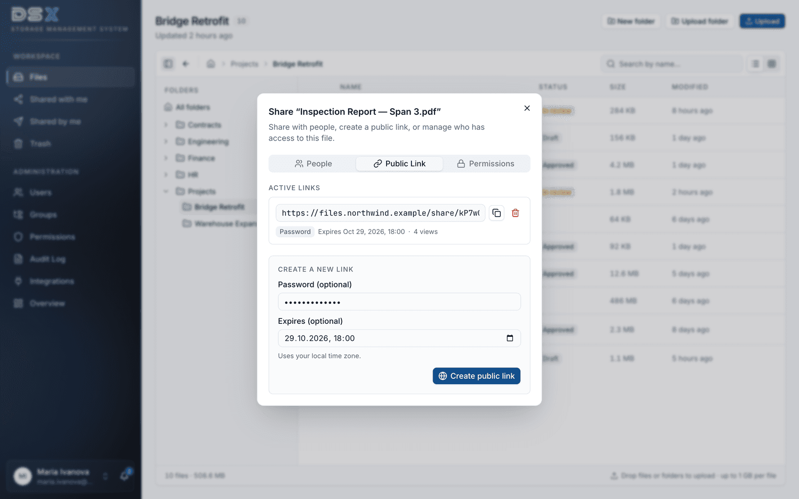 DSX Storage — a password-protected public link with an expiry date, and the form for creating a new one