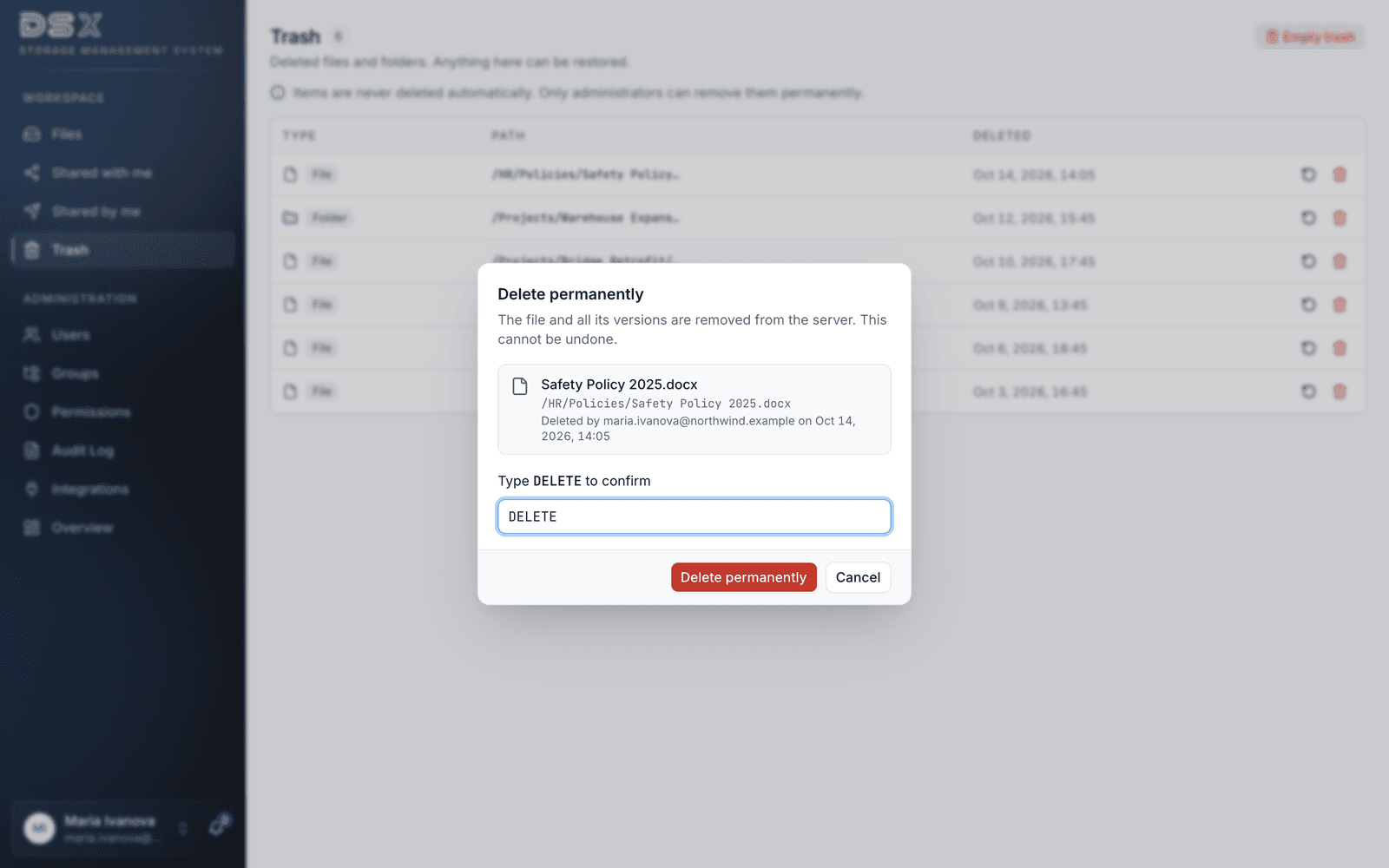 DSX Storage — permanent deletion from the trash: an administrator must type DELETE to confirm