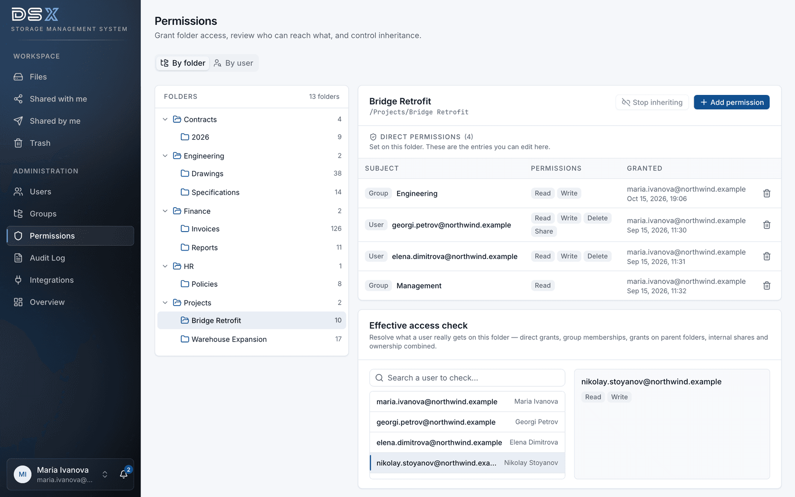 DSX Storage — folder permissions for administrators: direct grants to users and groups, and an effective access check for one person