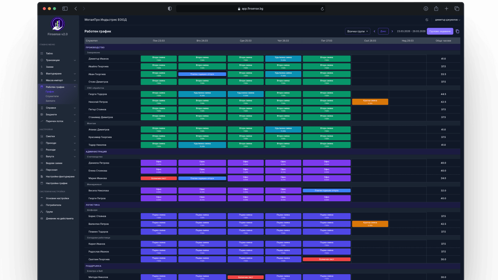 Finsense shift scheduling — weekly calendar with color-coded shifts across departments