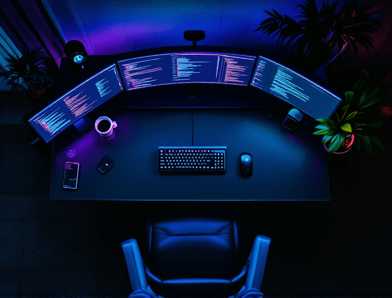 Developer workspace with multiple monitors showing code — where DSX builds your solutions